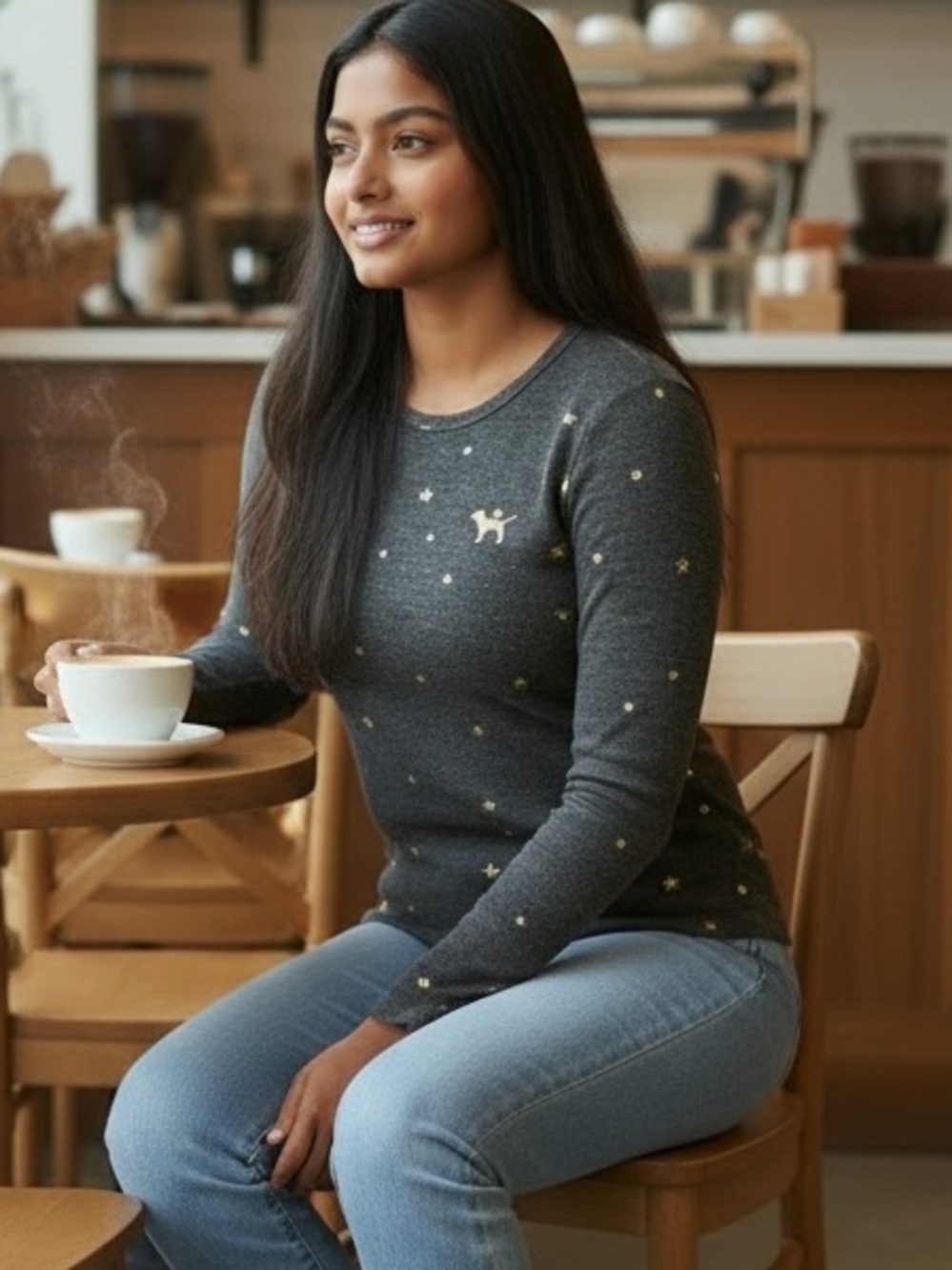 Pink- Victoria's Secret Charcoal Gray Star-Print Crewneck